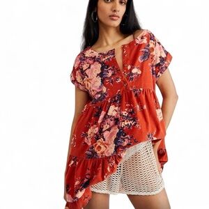 Free People Orange and Pink Floral Top